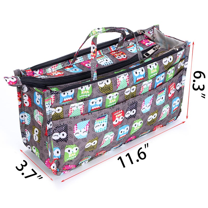 BTSKY Printing Handbag Organizers Inside Purse Insert - High Capacity 13 Pockets Bag Tote Organizer with Handle (Owl) - Image 3